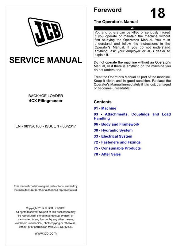 BH 18 Jcb 4CX Backhoe Loader [Pilingmaster] Service Repair Manual 375 pages