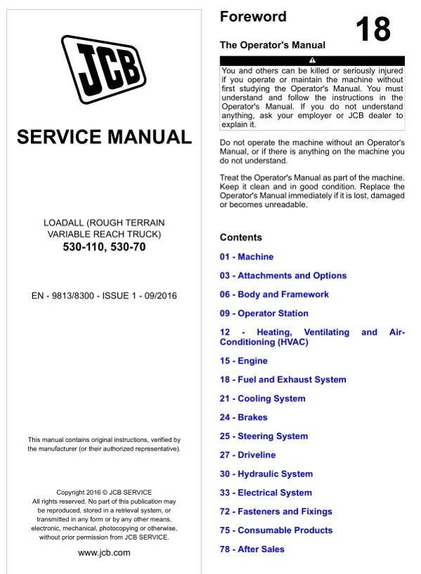 BH 18 JCB 530-110, 530-70 LOADALL (ROUGH TERRAIN VARIABLE REACH TRUCK) Service repair manual 1435 pages
