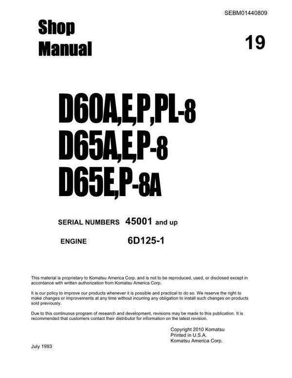 KM  19 Komatsu D60-6, D60P-6, D60PL-6, D65A-6, D65P-6 Bulldozer Workshop Manual 566 pages