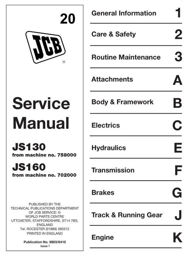 BH 20 JCB JS130, JS160 Excavator Service Repair Manual 532 pages