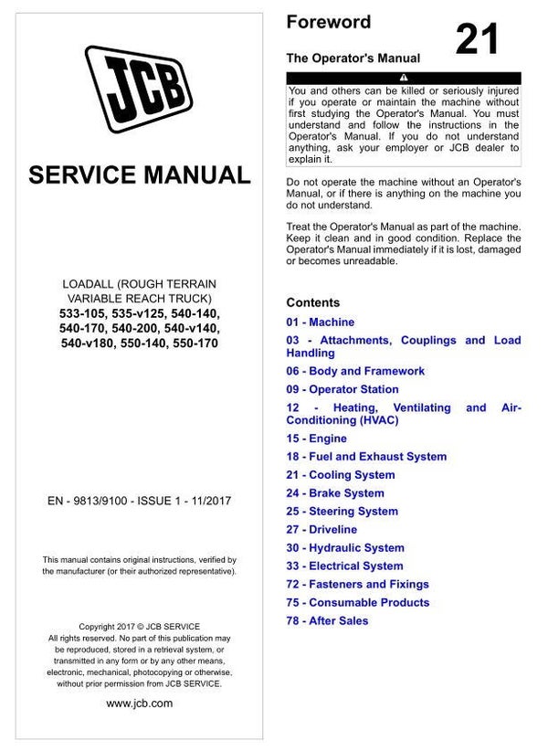 BH 21 JCB 533-105, 535-v125, 540-140, 540-170, 540-200, 540-v140, 540-v180, 550-140, 550-170 Service Repair Manual 3543 pages