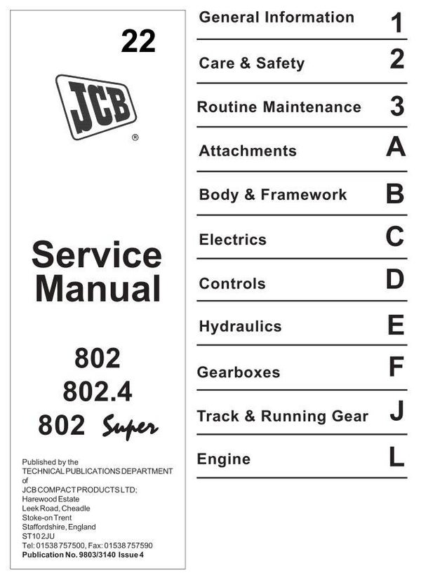 BH  22 JCB Mini Excavator 802 802.4 802 Super Service Repair Manual 292 pages