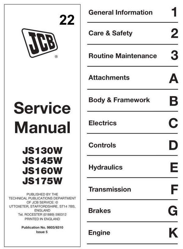 BH 22 JCB JS130W, JS145W, JS160W, JS175W Wheeled Excavator Service Repair Manual 569 pages