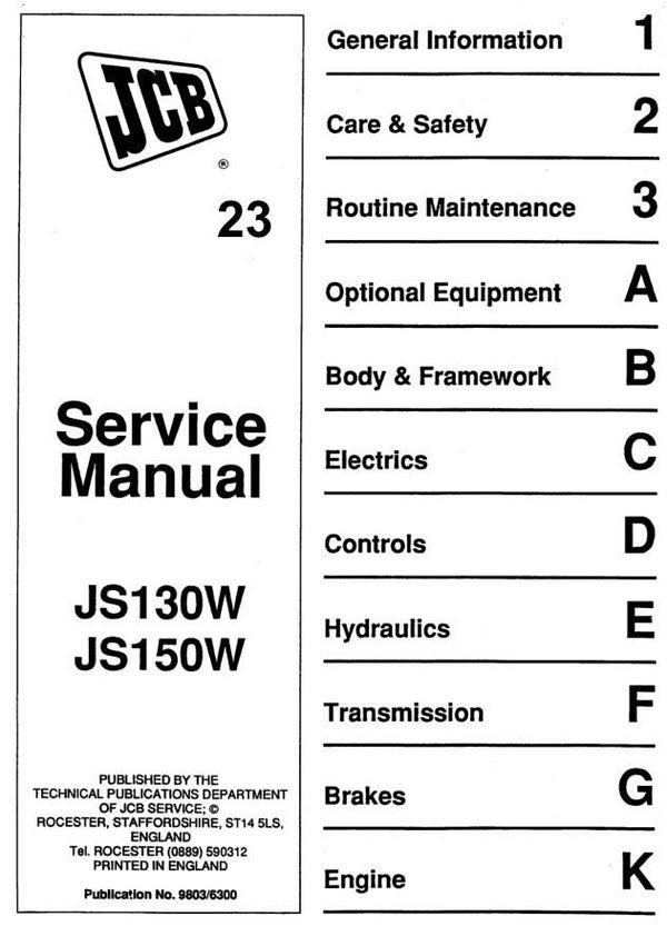 BH 23 JCB JS130W, JS150W Wheeled Excavator Service Repair Manual 413 pages