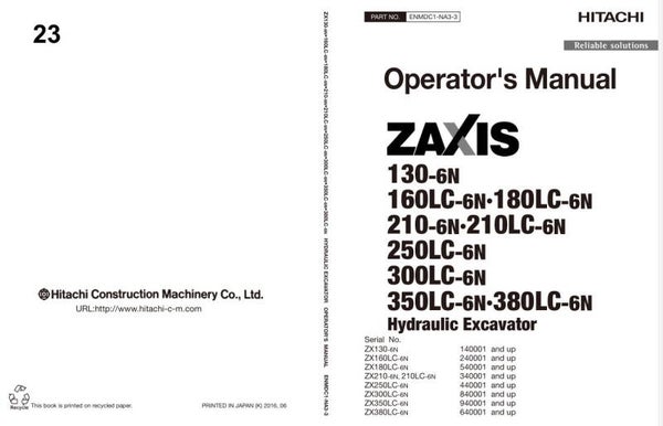 *+ 23 Hitachi ZX-6 Series 130,160,180,210,250,300,350,380 Operators Manual 487 pages