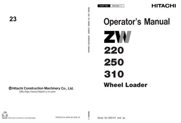 33D 23 Hitachi ZW 220, ZW250, ZW310 Wheel Loaders Operators Manual 329 pages