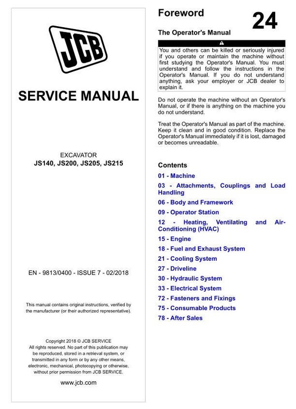 BH 24 JCB JS140, JCB JS200, JCB JS205, JCB JS215 Excavator Service Repair Manual 1183 pages