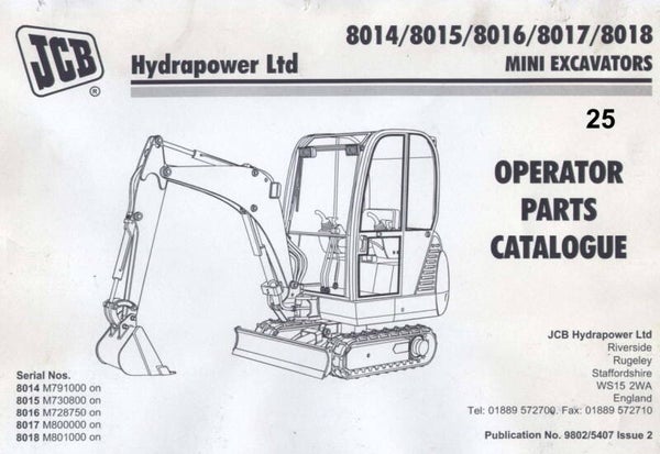 BH  25 JCB Mini Excavator 8014, 8015, 8016, 8017, 8018 Parts Manual 215 pages