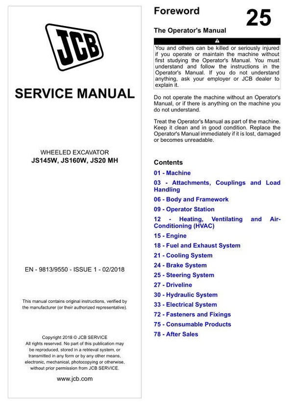BH 25 JCB JS145W, JS160W, JS20 MH Wheeled Excavator Service Repair Manual 2017 pages