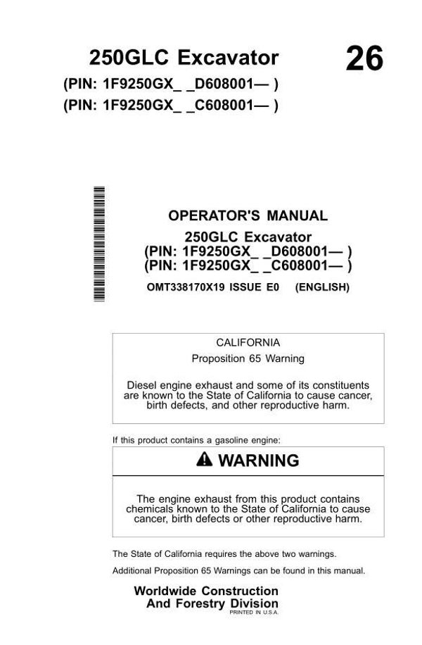 JD  26 John Deere 250GLC Excavator Operator’s Manual 290 pages