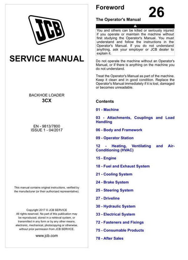 BH 26 JCB Backhoe Loader 3CX Service Repair Manual 1831 pages