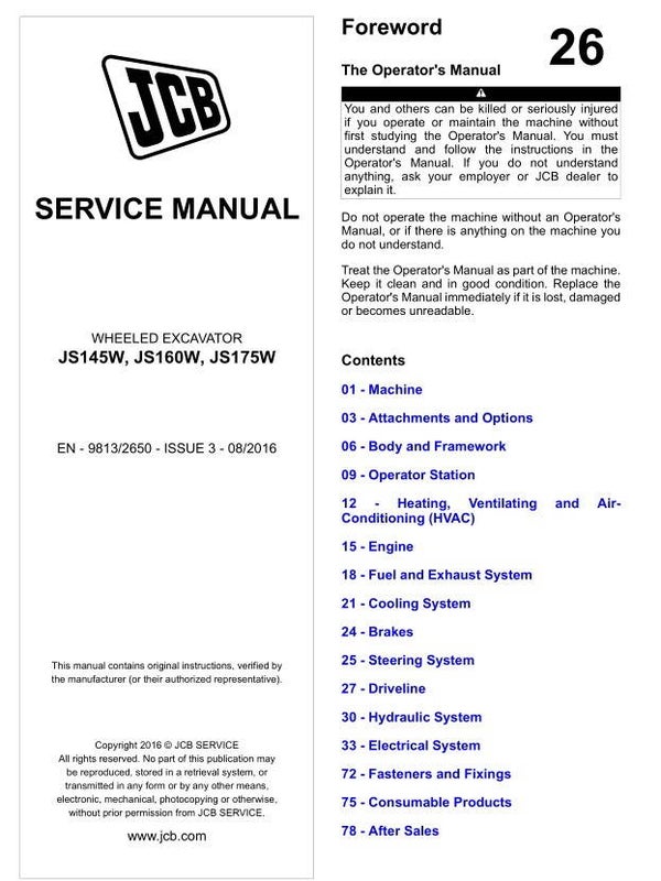 BH 26 JCB JS145W, JS160W, JS175W Excavator Service Repair Manual 1807 pages