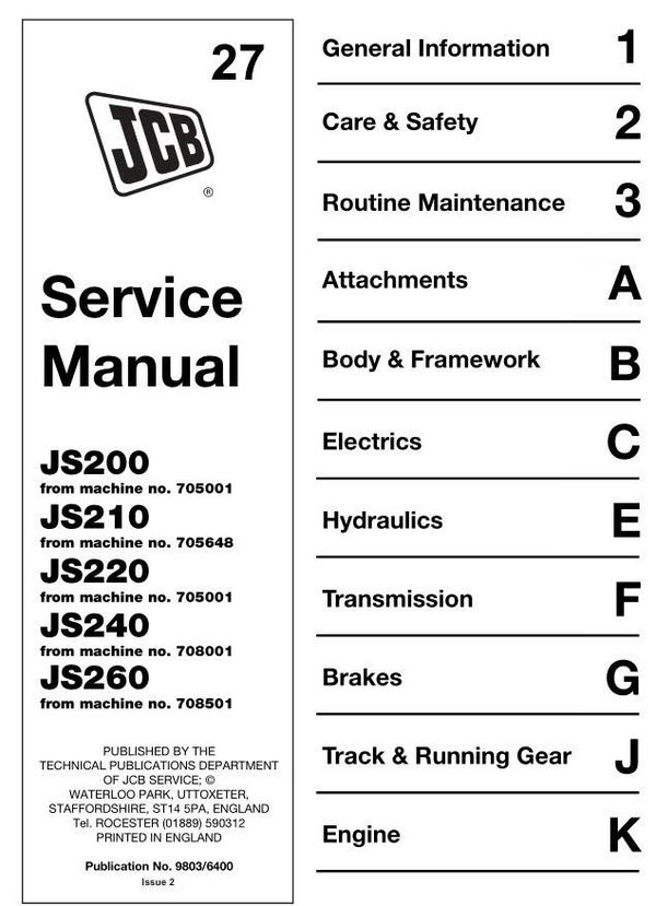 BH 27 JCB JS200, JS210, JS220, JS240, JS260 Excavator Service Repair Manual 530 pages