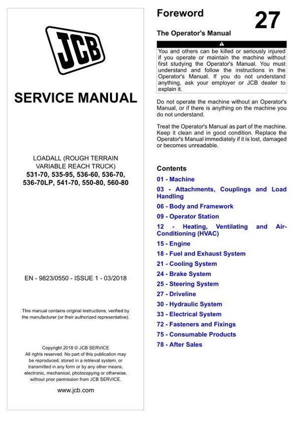 BH 27 JCB Rough Terrain 531-70, 535-95, 536-60, 536-70, 536-70LP, 541-70, 550-80, 560-80 Service Repair Manual 3629 pages