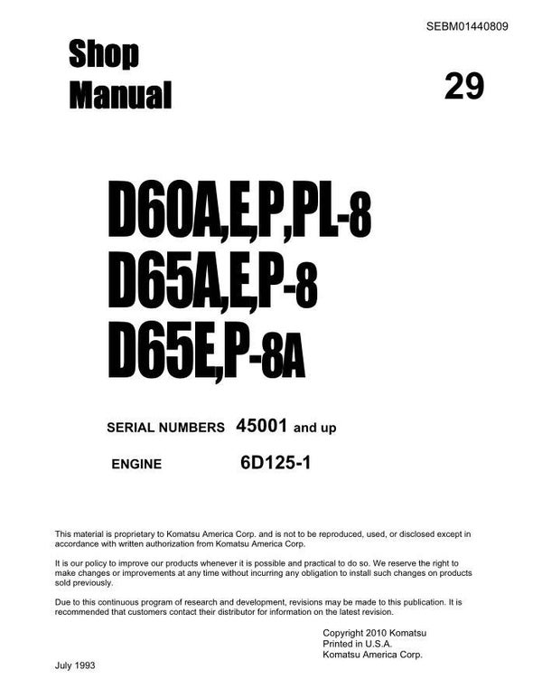 KM  29 Komatsu D65A-8, D65E-8, D65P-8 Bulldozer S.N 45001 UP Workshop Manual 566 pages