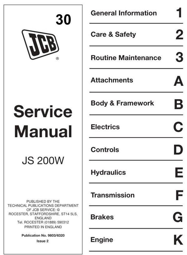 BH 30 JCB JS200W Wheeled Excavator Service Repair Manual 451 pages