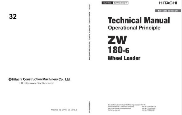 33D 32 Hitachi ZW180-6 , ZW180PL-6 Wheel Loader Technical Manuals 1991 pages