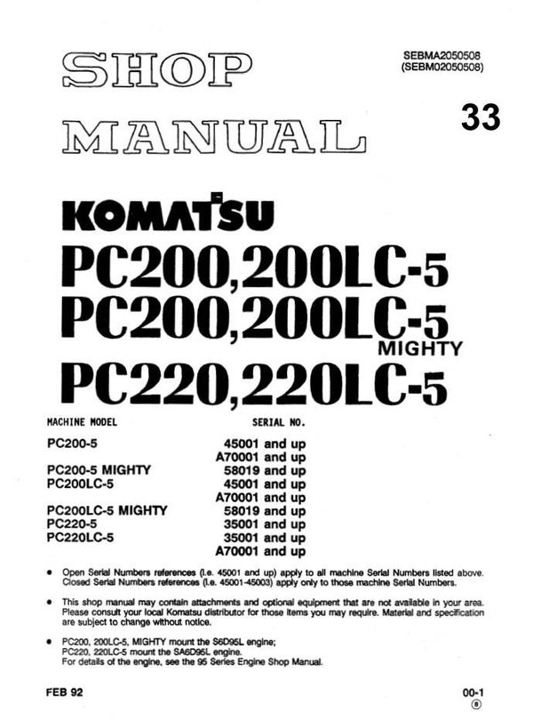 KM 33 Komatsu PC200-5, PC200LC-5, PC220-5, PC220LC-5 Workshop Repair Manual 695 pages
