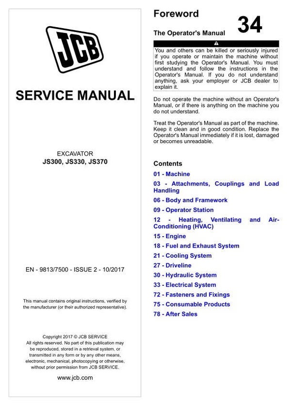 BH 34 JCB JS300, JS330, JS370 Excavator Service Repair Manual 1443 pages