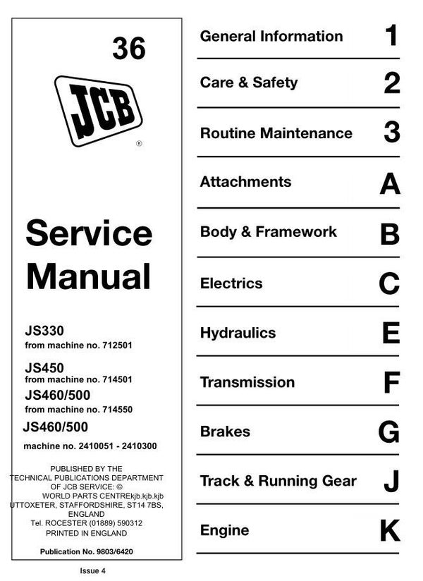 BH 36 JCB JS330, JS450, JS460, JS500 Excavator Service Repair Manual 674 pages