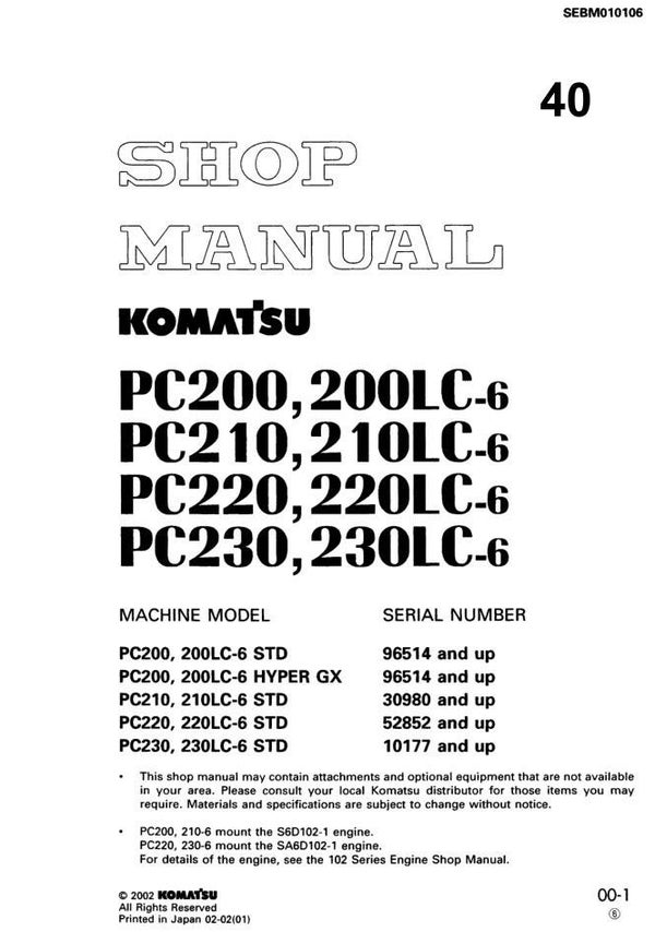 KM 40 Komatsu PC200-6, PC210-6, PC220-6, PC230-6 Series Workshop Repair Manual 1277 pages