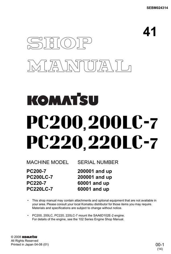 KM 41 Komatsu PC200-7, PC200LC-7, PC220-7, PC220LC-7 Workshop Repair Manual 839 pages