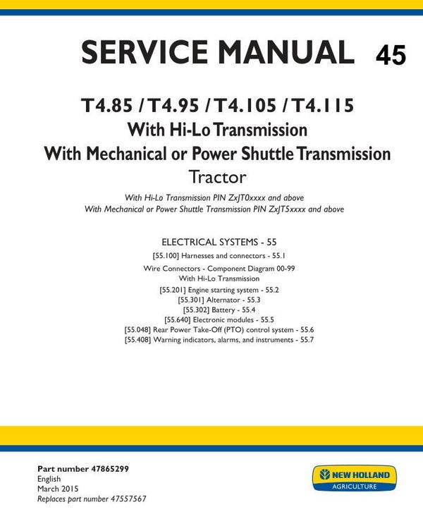 NHT 45 NEW HOLLAND T4.85, T4.95, T4.105, T4.115 Tractor Service Repair Manual (Electrical systems) 459 pages