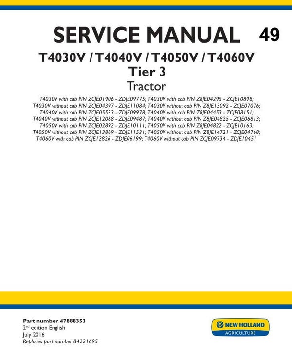 NHT 49 NEW HOLLAND T5.95, T5.105, T5.115 Tractor Service Repair Manual 2529 pages