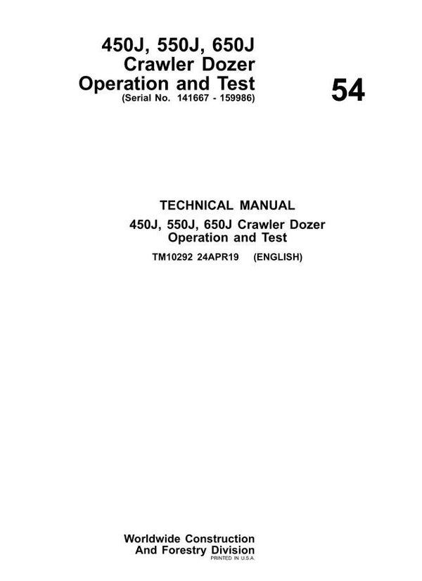JD  54 John Deere 450J, 550J, 650J Crawler Dozer Operation and Test Manual 714 pages