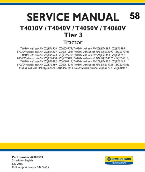NHT 58 NEW HOLLAND T4030V, T4040V, T4050V, T4060V Tier 3 Tractor Service Repair Manual 2529