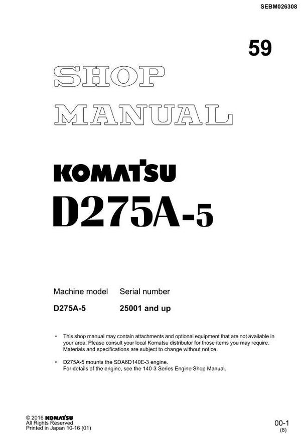 KM  59 Komatsu D275A-5 Japan Bulldozer Workshop Manual 2 1010 pages