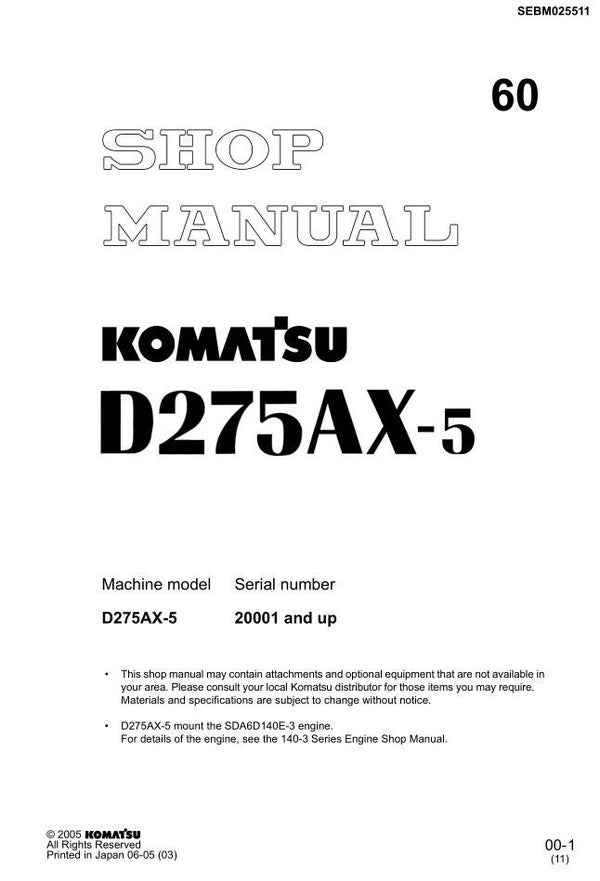 KM  60 Komatsu D275AX-5 Japan Bulldozer Workshop Manual 1061 pages