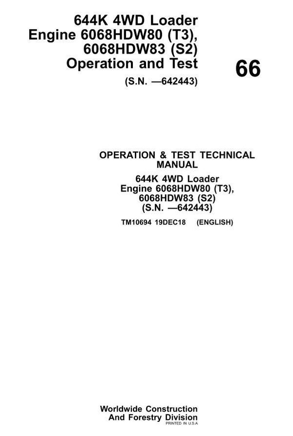 JD  66 John Deere 644K 4WD Loader Operation and Test Technical Manual 1332 pages