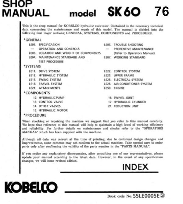 KB  76 Kobelco SK60 Excavator Workshop Manual 781 pages