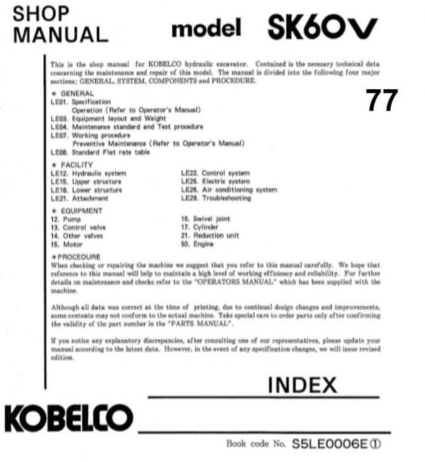 KB  77 Kobelco SK60V (Mark5) Excavator Workshop Manual 719 pages