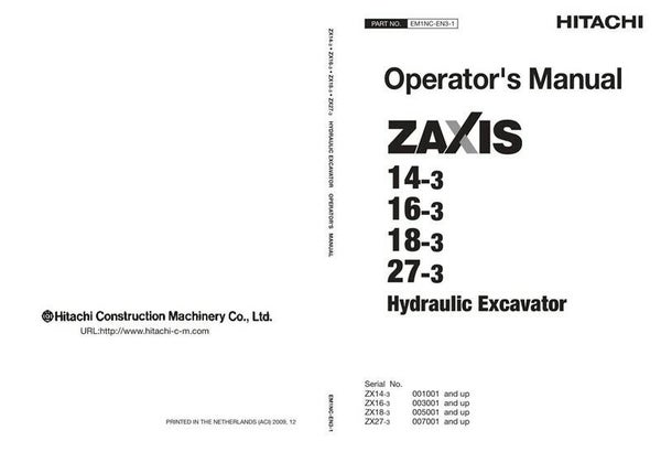 Hitachi Zaxis 14-3 16-3 18-3 27-3 Excavator Operators Manual
