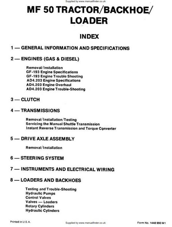 Massey Ferguson 50 Tractor Backhoe Loader Workshop Manual