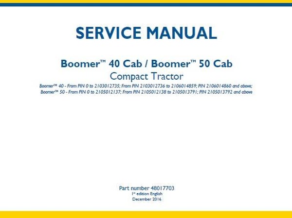 NHTR New Holland Boomer 40 Cab, Boomer 50 Cab Compact Tractor Service Repair Manual SD