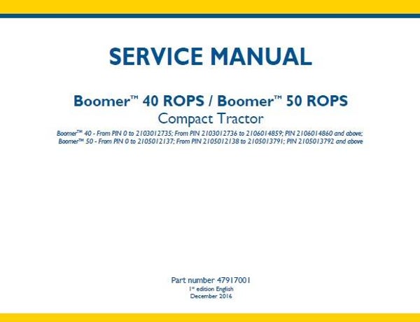 NHTR New Holland Boomer 40 ROPS , Boomer 50 ROPS Compact Tractors Service Repair Manual SD
