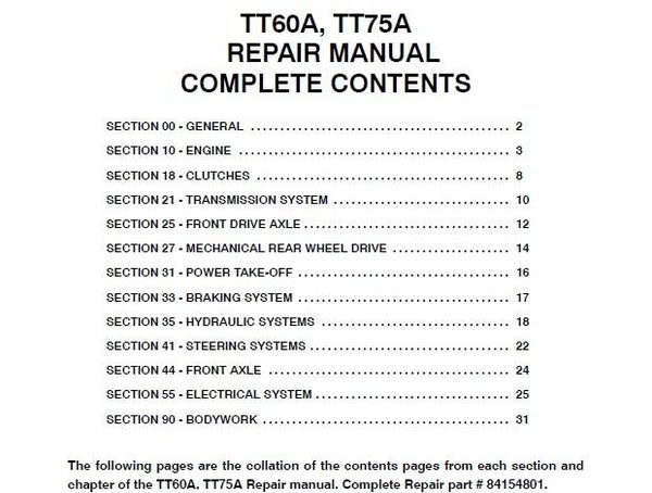NHTR New Holland TT60A, TT75A Tractors Service Repair Manual SD