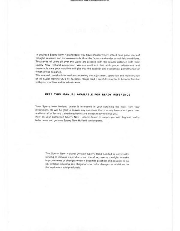 B2 New Holland 276 Baler Operators and Service Manual