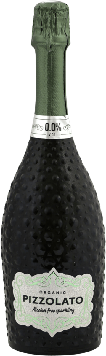 Pizzolato M-Use Zero alkoholfreier Bio-Schaumwein in einer dunklen, strukturierten Flasche mit grünem Etikett.