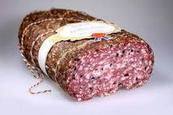 125 GRAM DUN GESNEDEN TRUFFEL SALAMI. ook super op uw borrelplank...