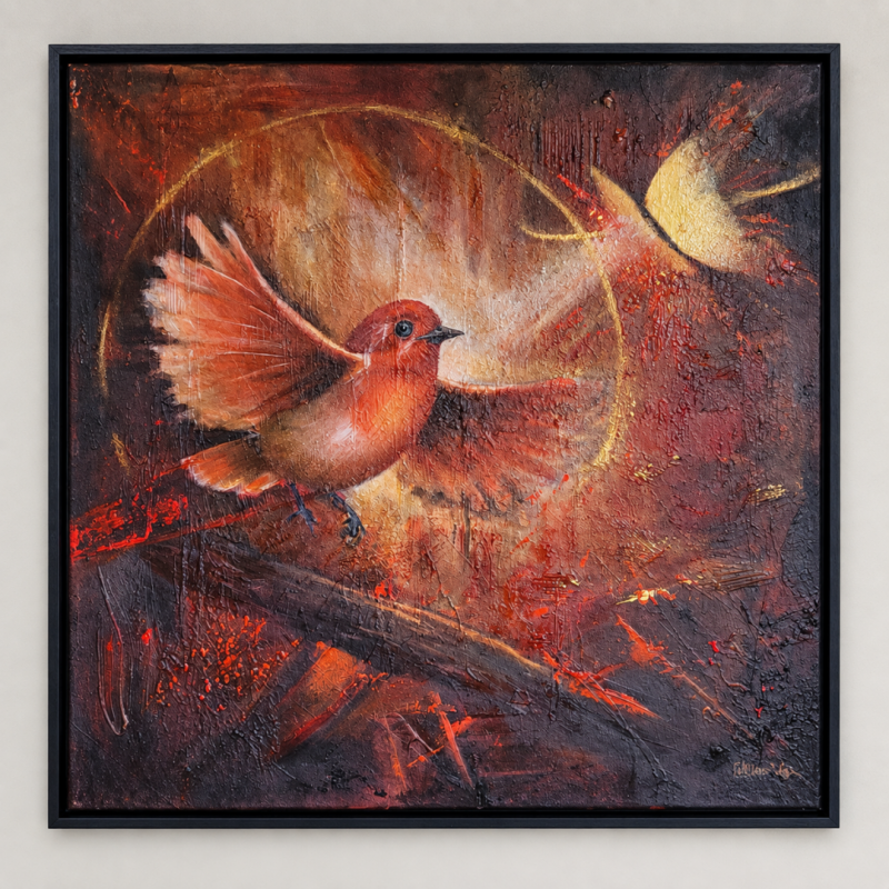 Private commissioned painting with a robin and butterfly by Willem Vos.