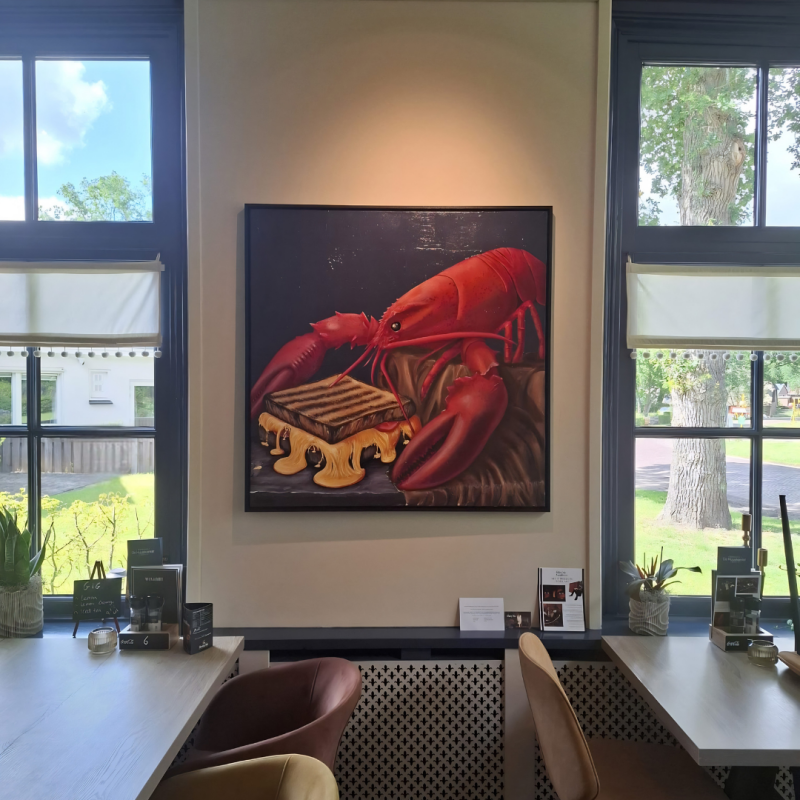 Commissioned lobster painting by Willem Vos installed at De Huuskamer in Ansen.