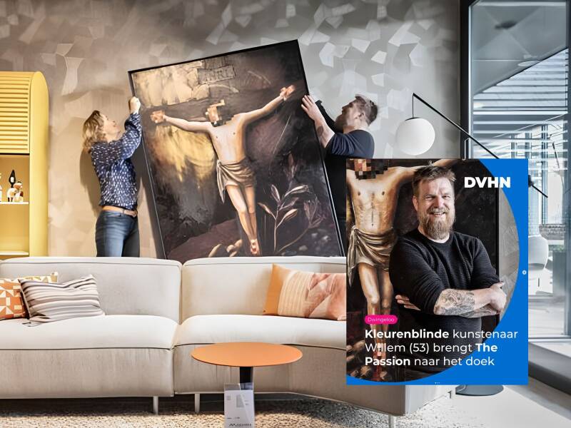 Willem Vos and Connie Wiechers installing a painting for Passie for Art & Design, alongside the 2026 Dagblad van het Noorden article.