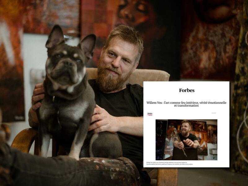 Artist Willem Vos with his dog Muffin alongside his 2025 Forbes France feature.
