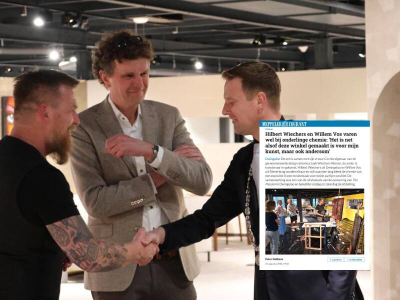 Willem Vos with Hilbert Wiechers and Westerveld mayor Jouke Spoelstra during Passie for Art & Design, alongside the 2026 Meppeler Courant article.