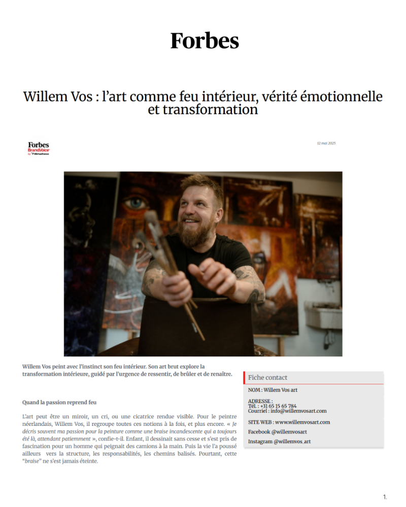 First page of the Forbes France BrandVoice feature about Willem Vos, with the article title and studio portrait.
