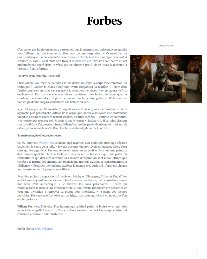 Second page of the Forbes France feature about Willem Vos, discussing his painting process and sources of inspiration.